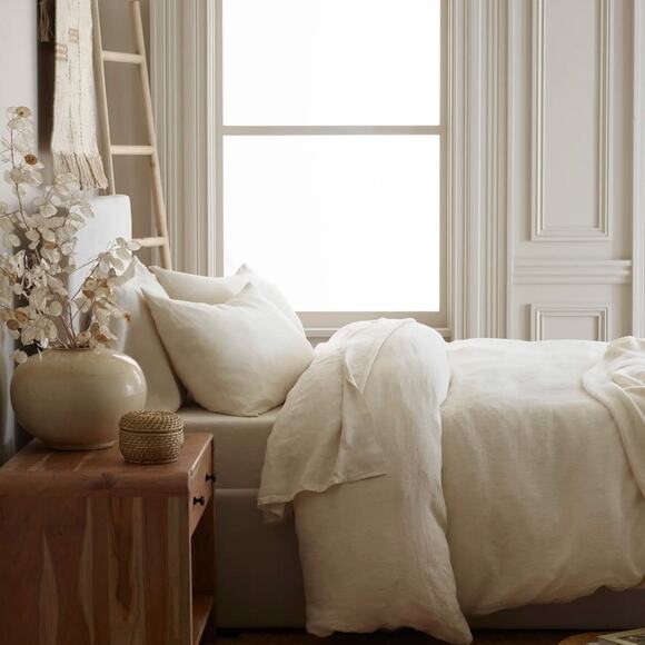 Quince European Linen Duvet Cover Set Natural Mini Pinstripe Size Queen - Picture 11 of 15